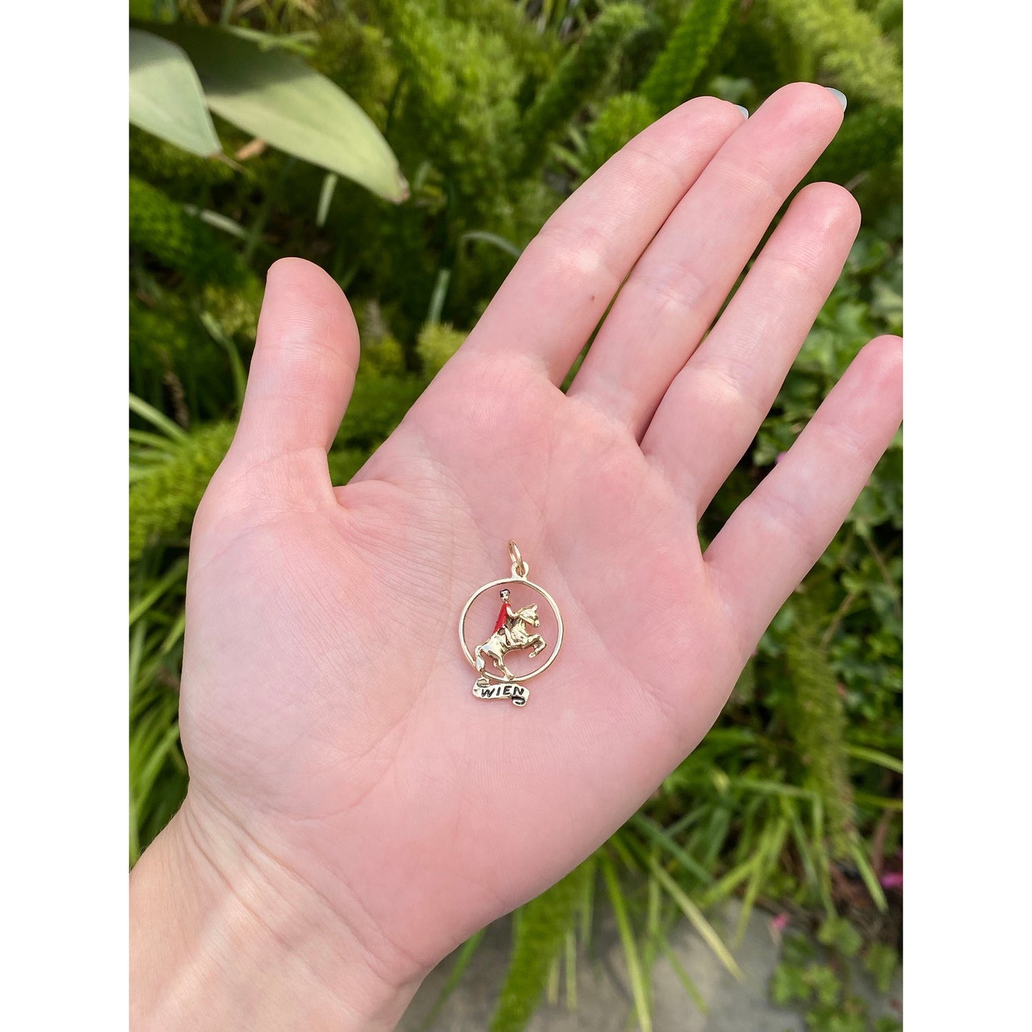 Vintage Solid 14k Yellow Gold Enamel Jockey Horse 'WIEN' Charm