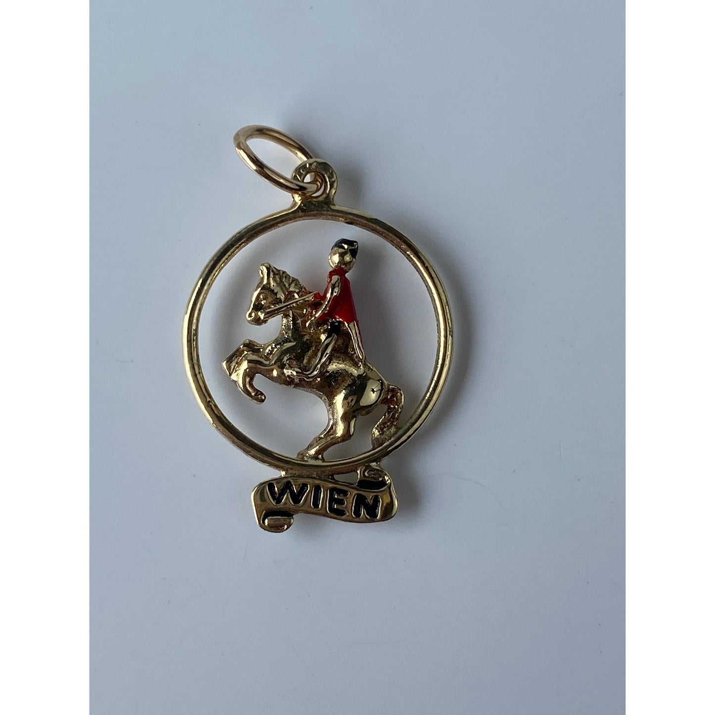 Vintage Solid 14k Yellow Gold Enamel Jockey Horse 'WIEN' Charm