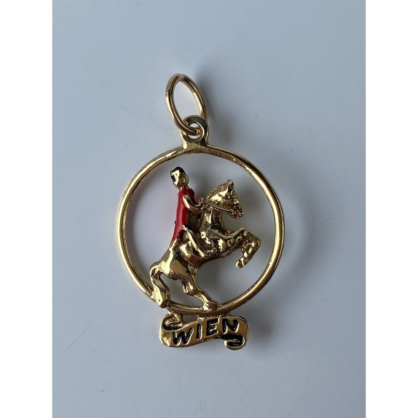 Vintage Solid 14k Yellow Gold Enamel Jockey Horse 'WIEN' Charm