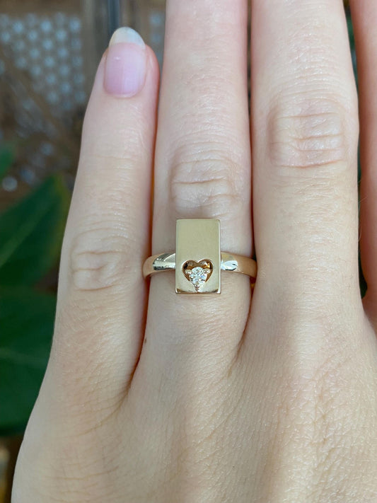 Vintage Solid 14k Yellow Gold Diamond Heart Box Ring - Size 5.5