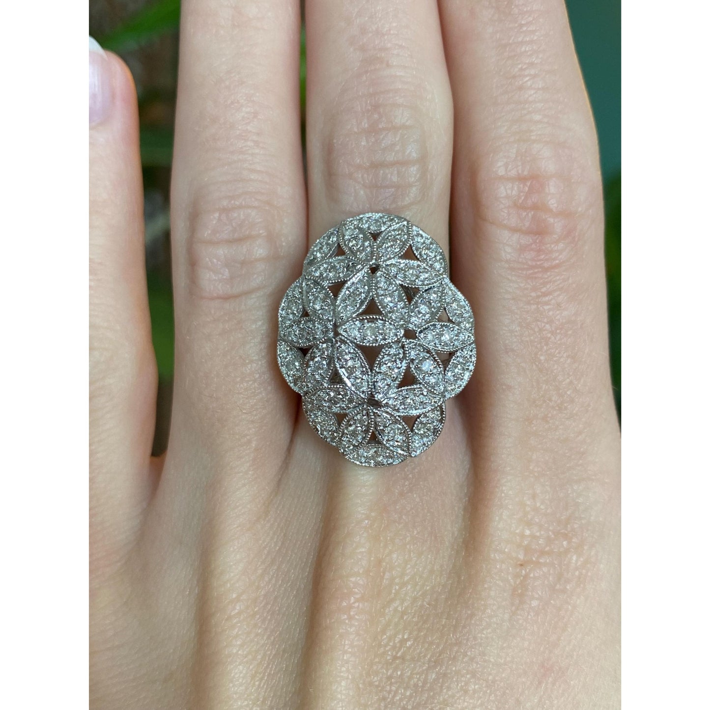 Vintage Solid 14k White Gold Diamond Flower Cluster Ring - Size 6.75