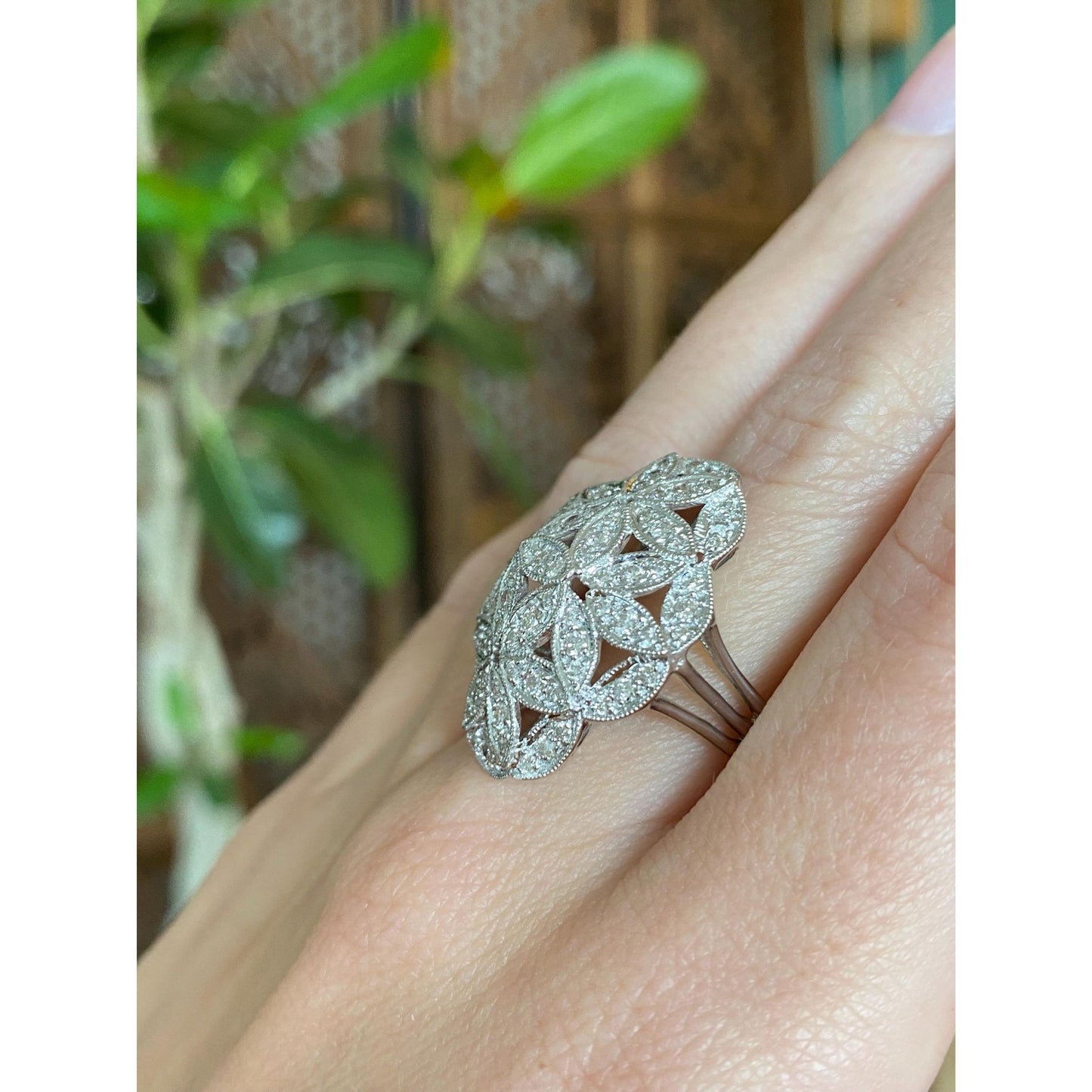Vintage Solid 14k White Gold Diamond Flower Cluster Ring - Size 6.75