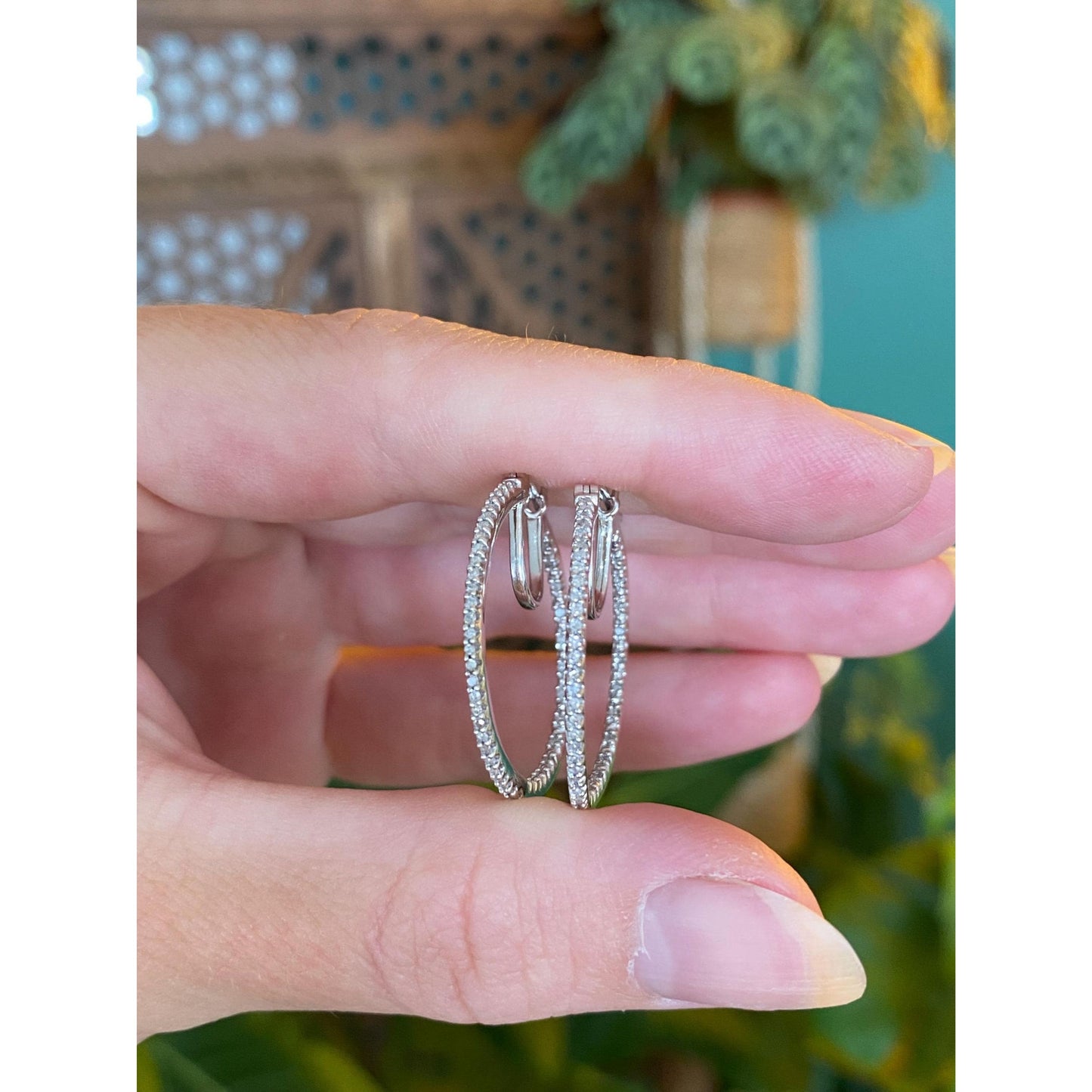 Vintage Solid 10k White Gold Diamond Hoop Earrings