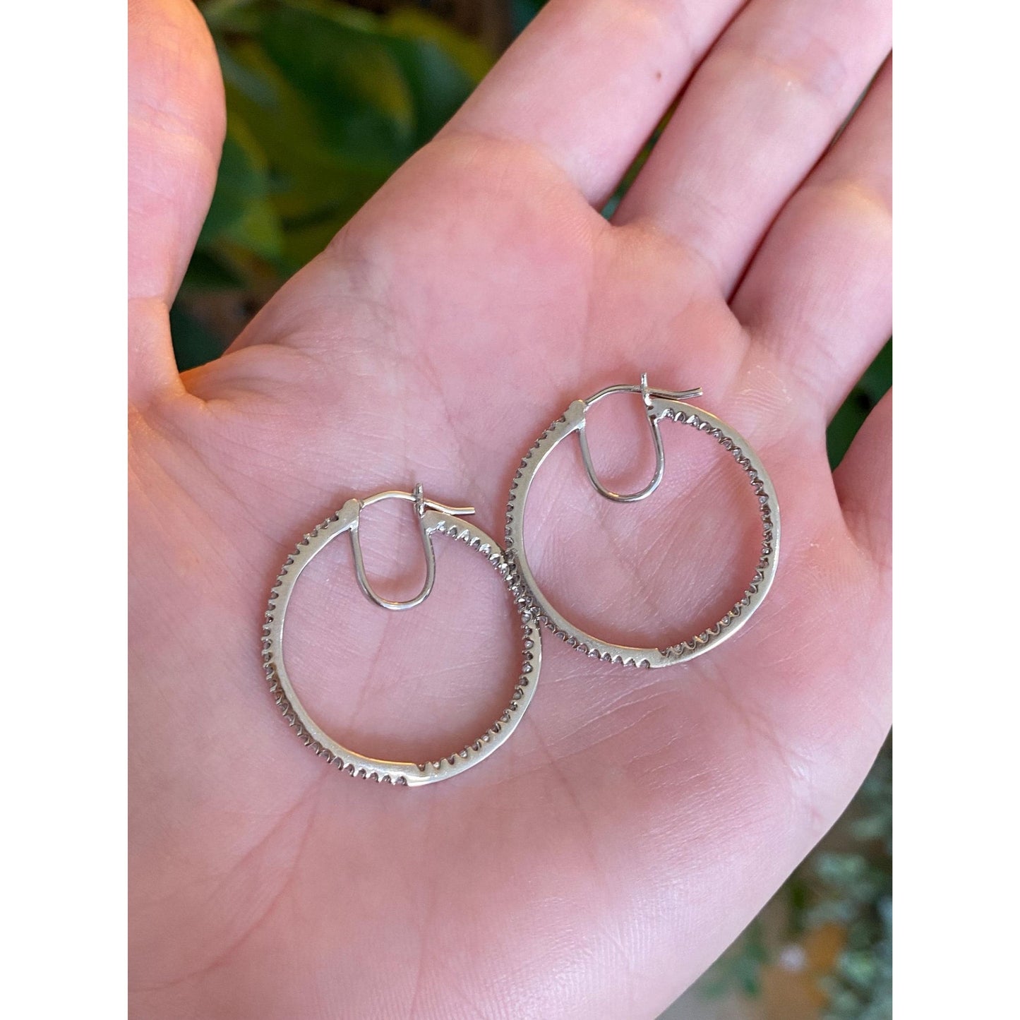 Vintage Solid 10k White Gold Diamond Hoop Earrings