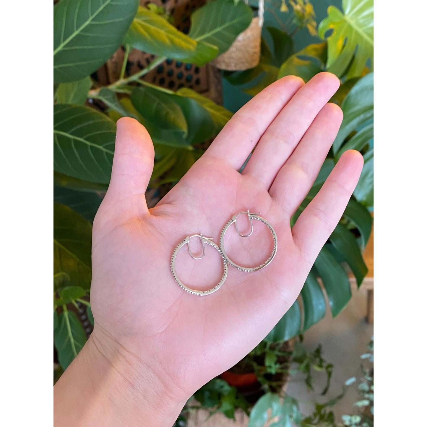 Vintage Solid 10k White Gold Diamond Hoop Earrings