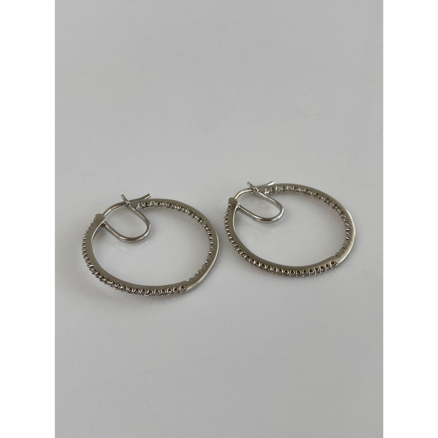 Vintage Solid 10k White Gold Diamond Hoop Earrings