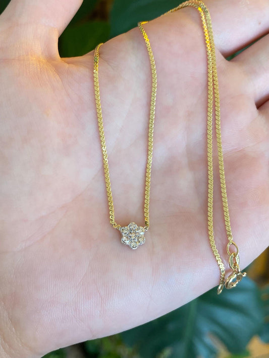 Vintage Solid 14k White & Yellow Gold Diamond Flower Serpentine Chain Necklace - 15.25 inches