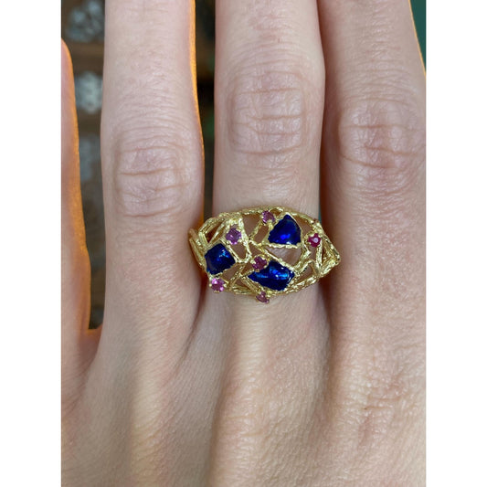 Vintage Solid 18k Yellow Gold Pink Sapphire Blue Enamel Ring - Size 6.75