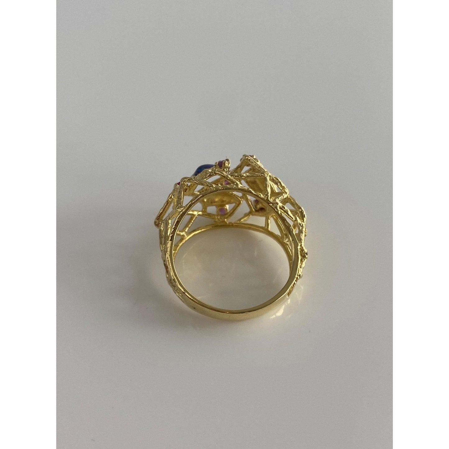 Vintage Solid 18k Yellow Gold Pink Sapphire Blue Enamel Ring - Size 6.75