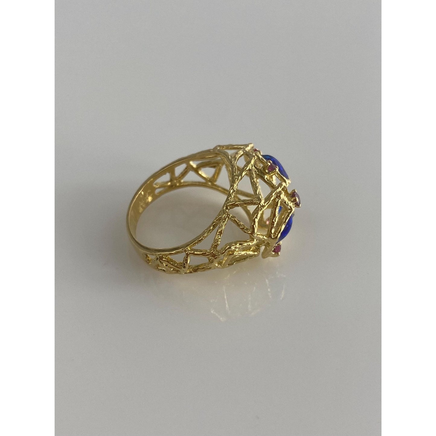 Vintage Solid 18k Yellow Gold Pink Sapphire Blue Enamel Ring - Size 6.75