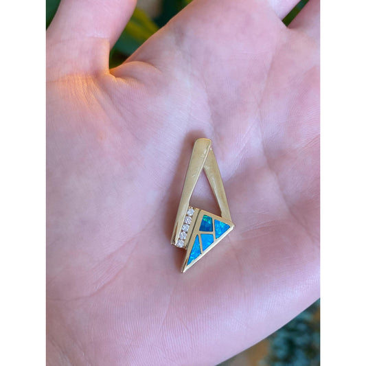 Solid 14k Yellow Gold Diamond Opal Inlay Slide Charm