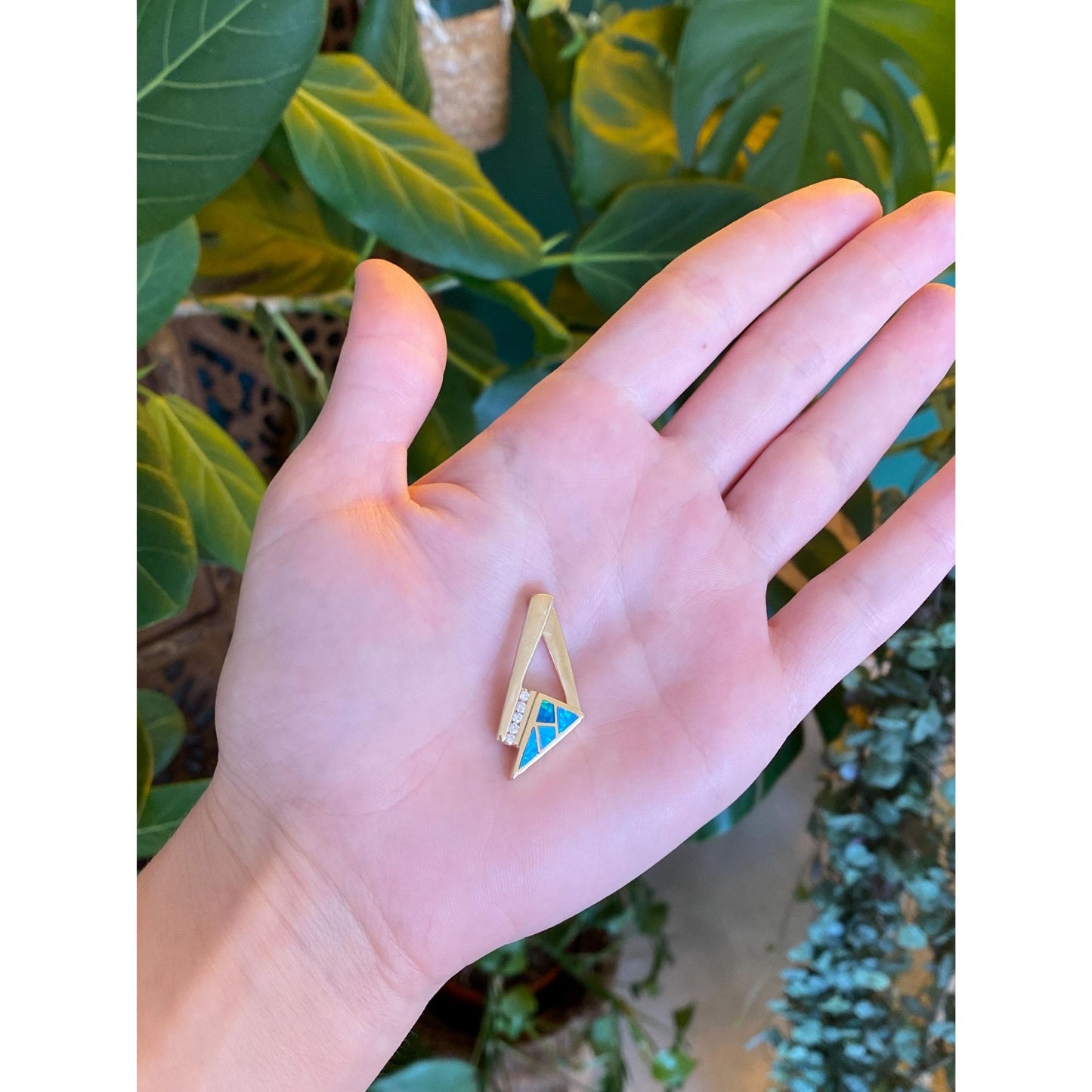 Solid 14k Yellow Gold Diamond Opal Inlay Slide Charm