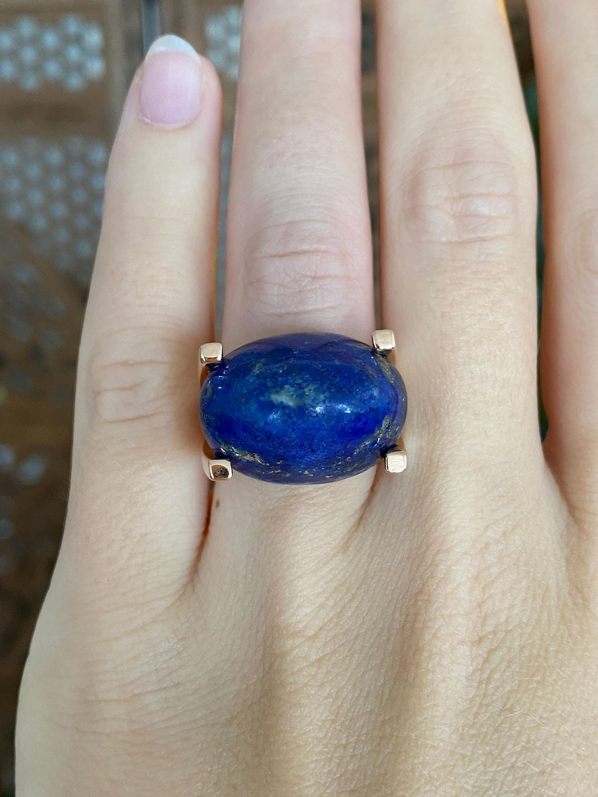 Vintage Solid 18k Rose Gold Blue Lapis Ring - Size 5
