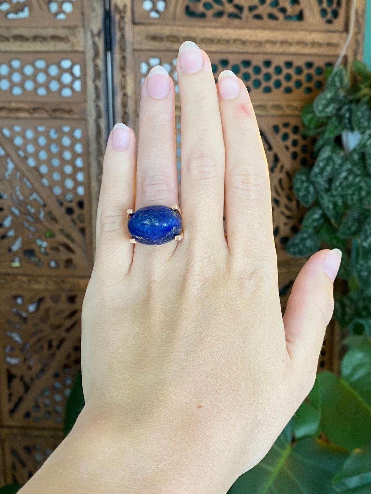 Vintage Solid 18k Rose Gold Blue Lapis Ring - Size 5