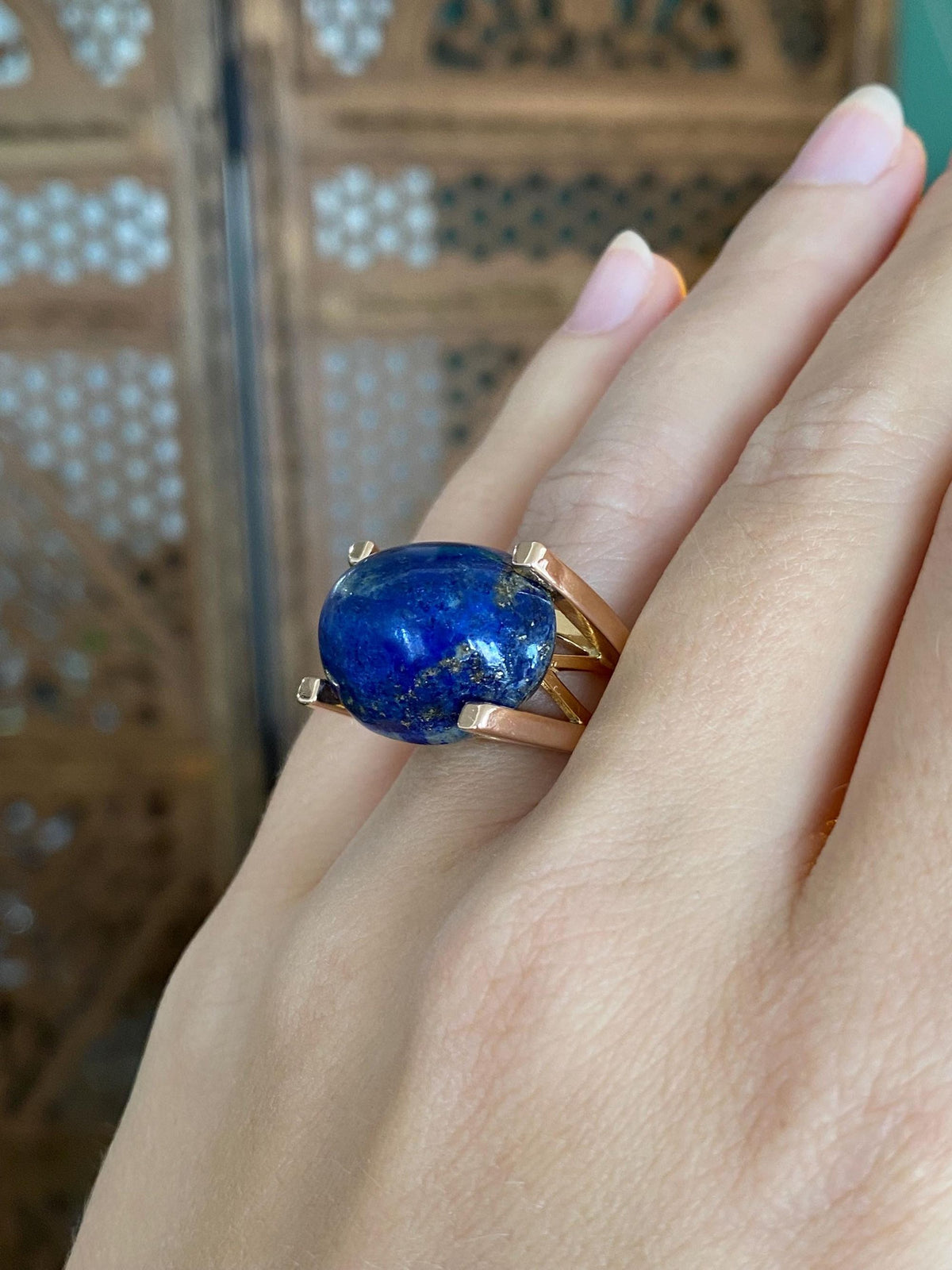 Vintage Solid 18k Rose Gold Blue Lapis Ring - Size 5