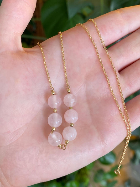 Vintage Solid 18k Yellow Gold Rose Quartz Beads Tight Rolo Chain Necklace - 21 inches