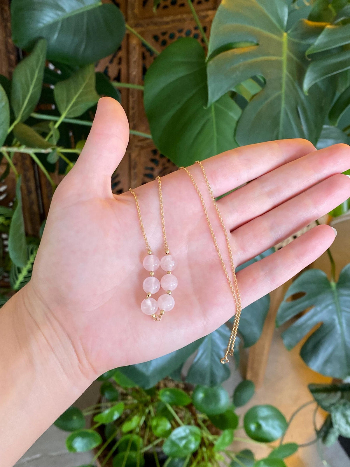 Vintage Solid 18k Yellow Gold Rose Quartz Beads Tight Rolo Chain Necklace - 21 inches