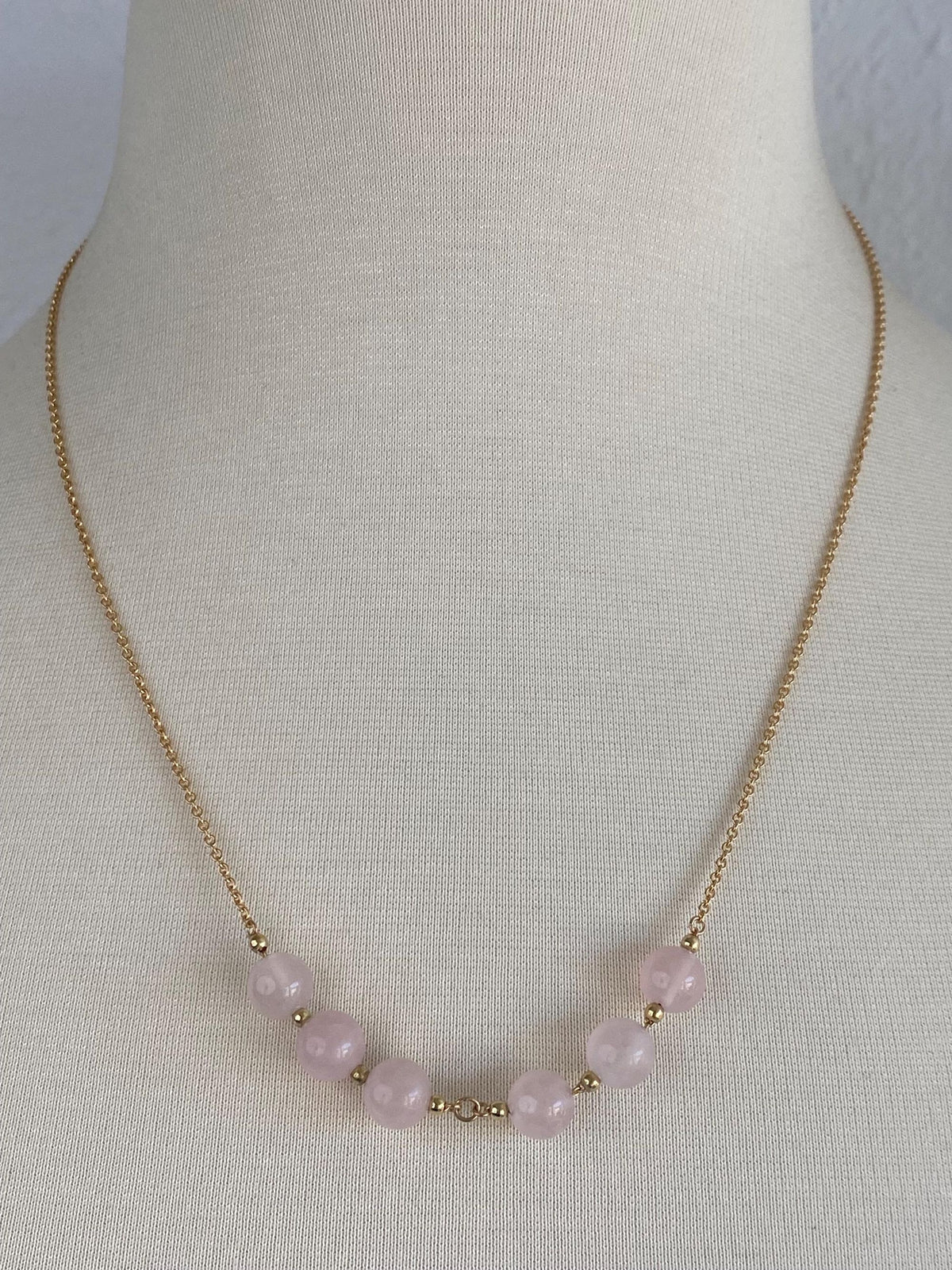 Vintage Solid 18k Yellow Gold Rose Quartz Beads Tight Rolo Chain Necklace - 21 inches