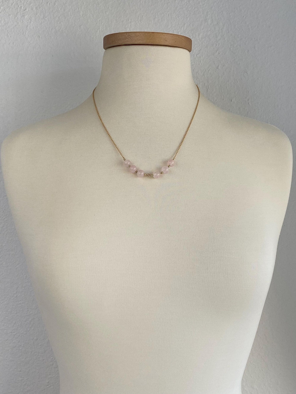 Vintage Solid 18k Yellow Gold Rose Quartz Beads Tight Rolo Chain Necklace - 21 inches