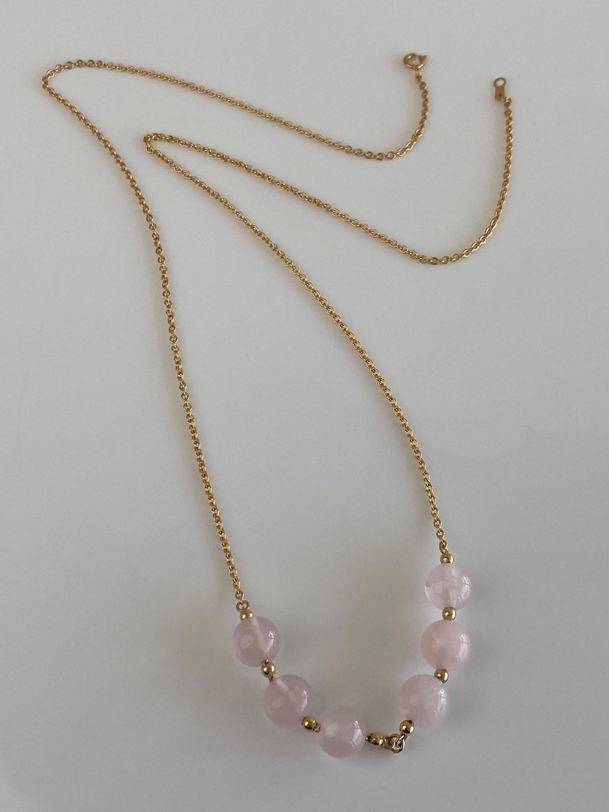 Vintage Solid 18k Yellow Gold Rose Quartz Beads Tight Rolo Chain Necklace - 21 inches