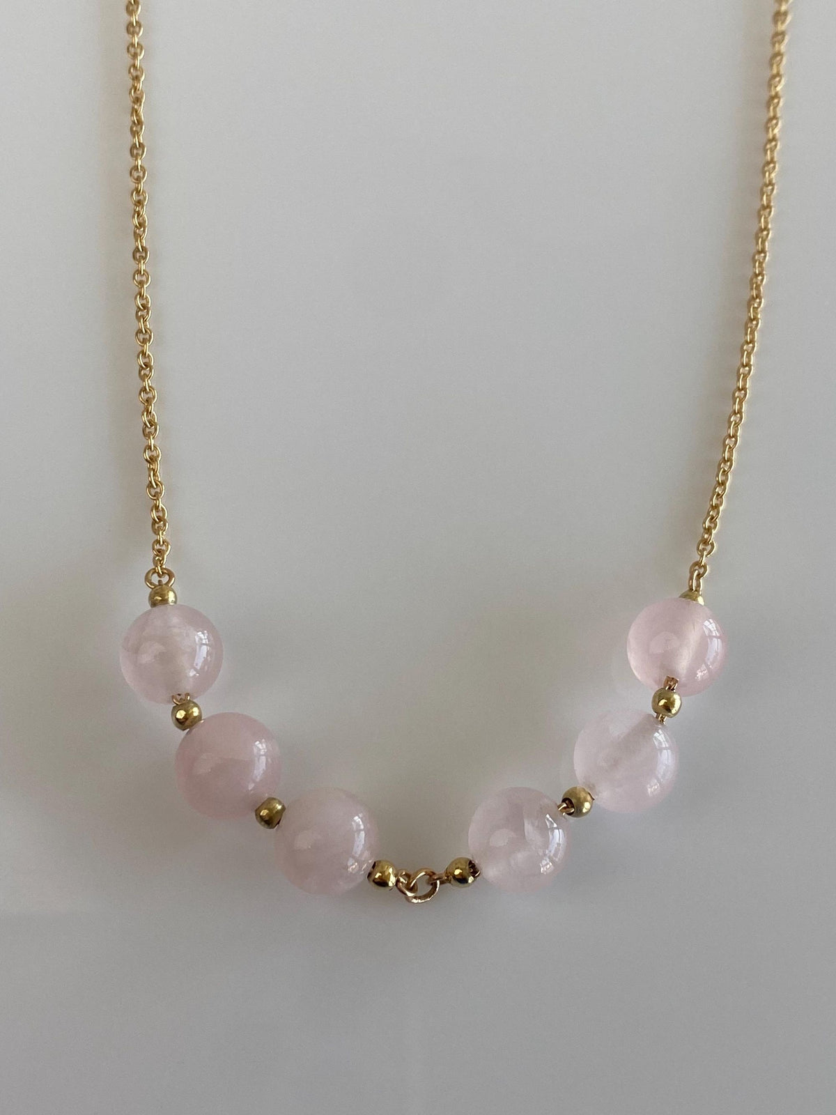 Vintage Solid 18k Yellow Gold Rose Quartz Beads Tight Rolo Chain Necklace - 21 inches