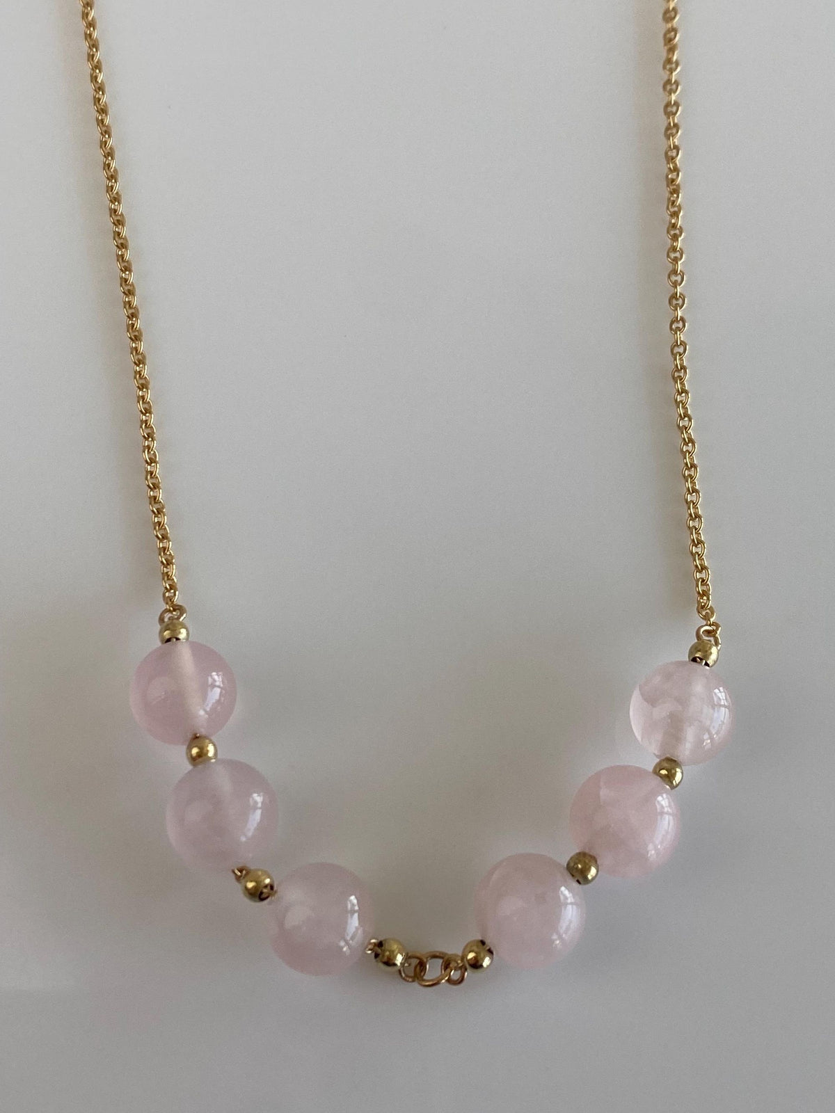 Vintage Solid 18k Yellow Gold Rose Quartz Beads Tight Rolo Chain Necklace - 21 inches