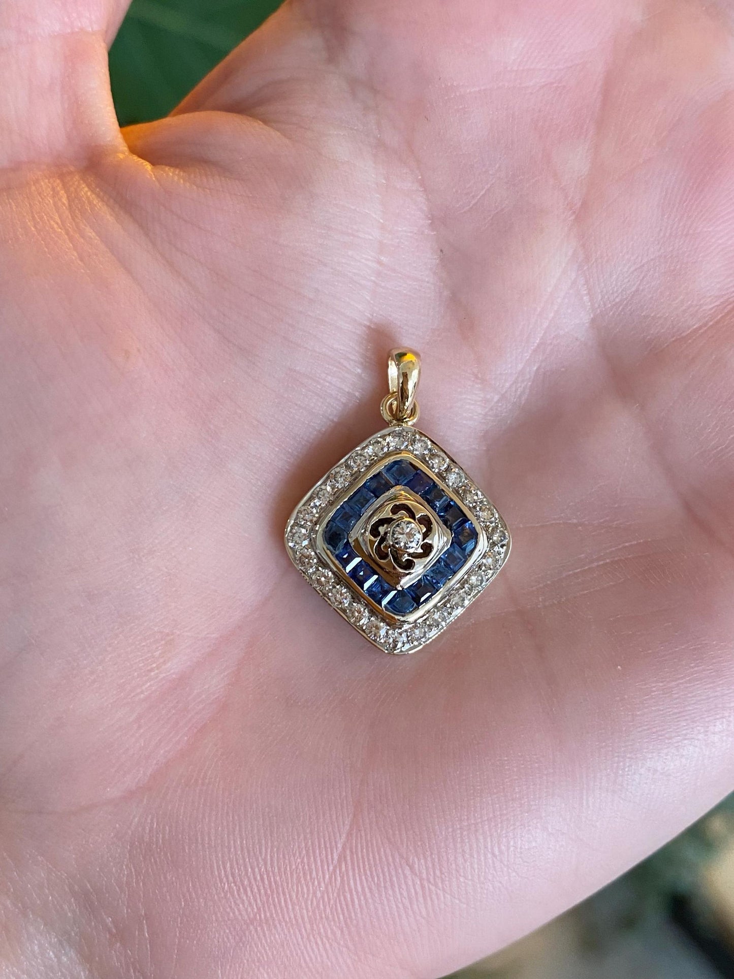 Vintage Solid 14k White & Yellow Gold Blue Sapphire Diamond Cufflink Conversion Charm