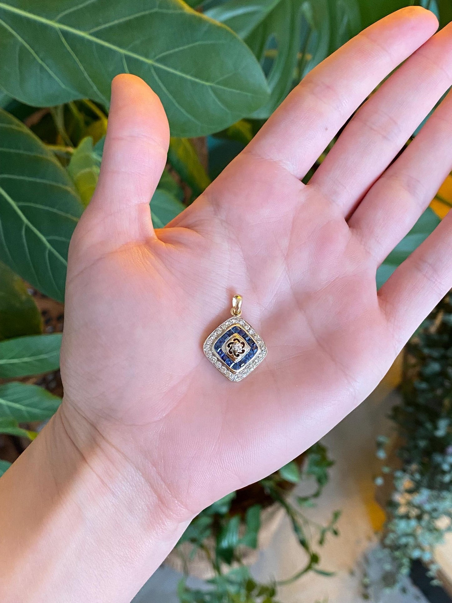 Vintage Solid 14k White & Yellow Gold Blue Sapphire Diamond Cufflink Conversion Charm