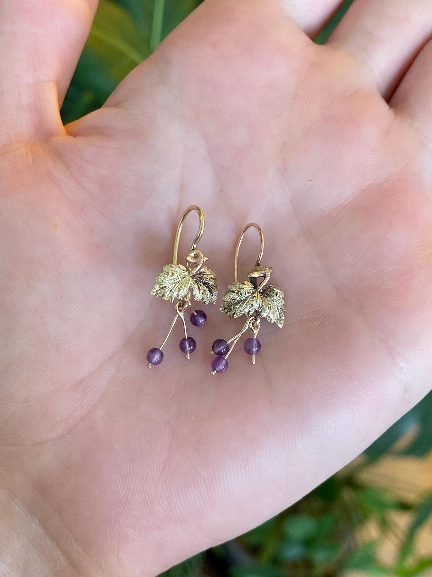 Vintage Solid 14k Multi Tone Gold Amethyst Beads Leaves Drop Earrings