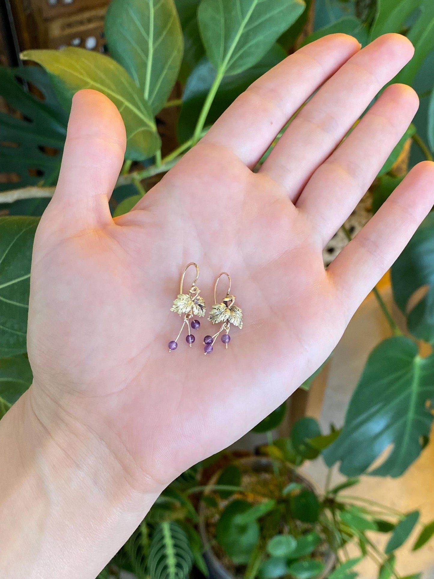 Vintage Solid 14k Multi Tone Gold Amethyst Beads Leaves Drop Earrings