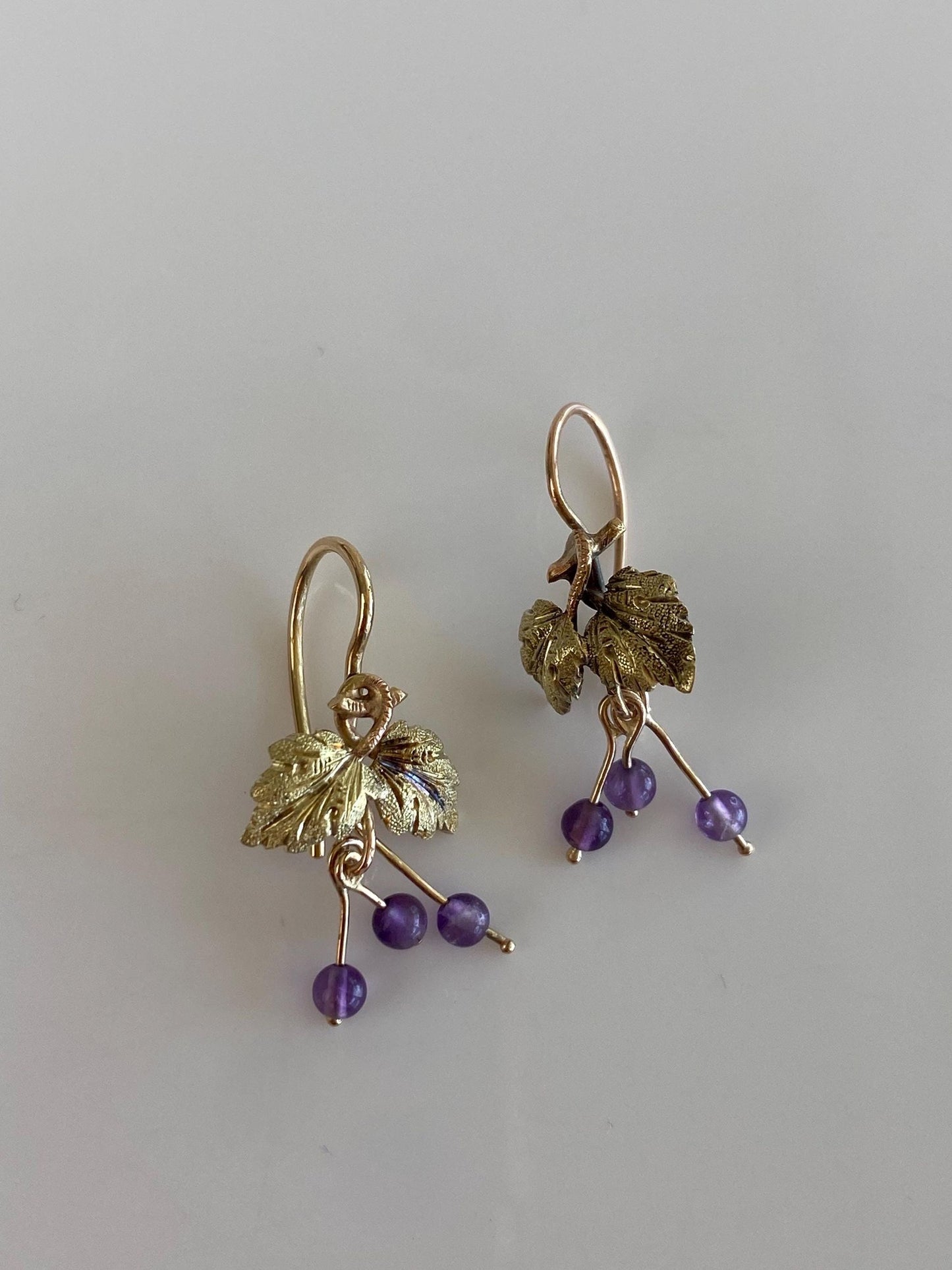 Vintage Solid 14k Multi Tone Gold Amethyst Beads Leaves Drop Earrings