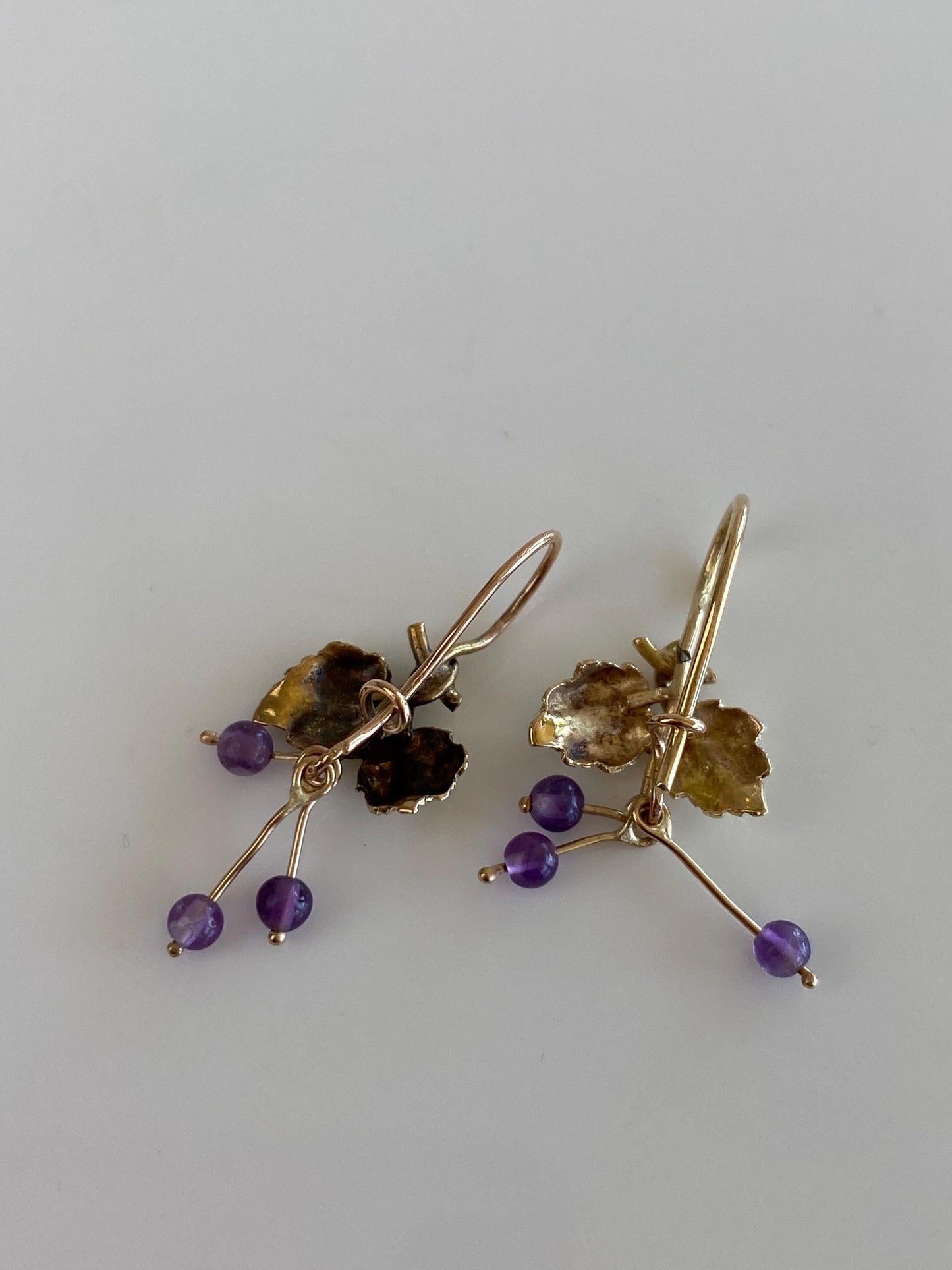Vintage Solid 14k Multi Tone Gold Amethyst Beads Leaves Drop Earrings