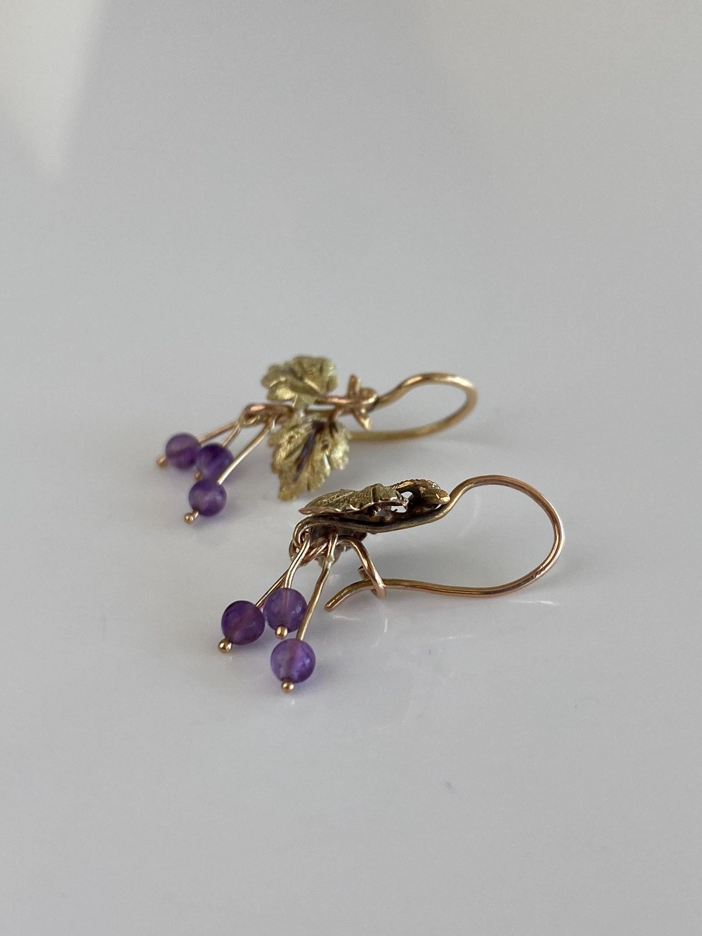 Vintage Solid 14k Multi Tone Gold Amethyst Beads Leaves Drop Earrings