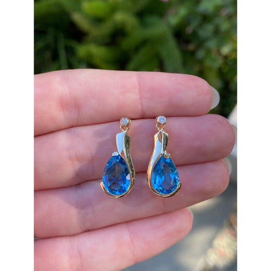 Vintage Solid 14k Yellow Gold Topaz Diamond Drop Stud Earrings