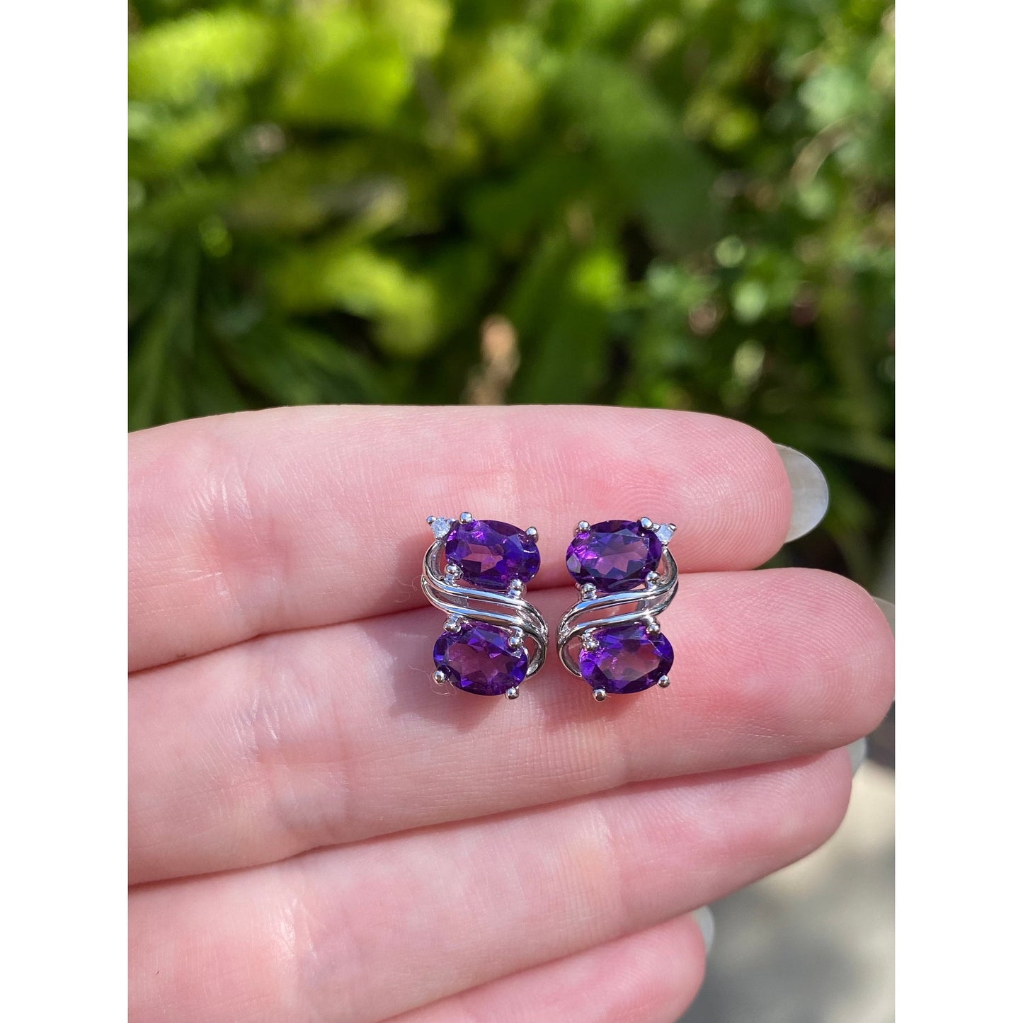 Vintage Solid 14k White Gold Amethyst & Clear Sapphire Stud Earrings