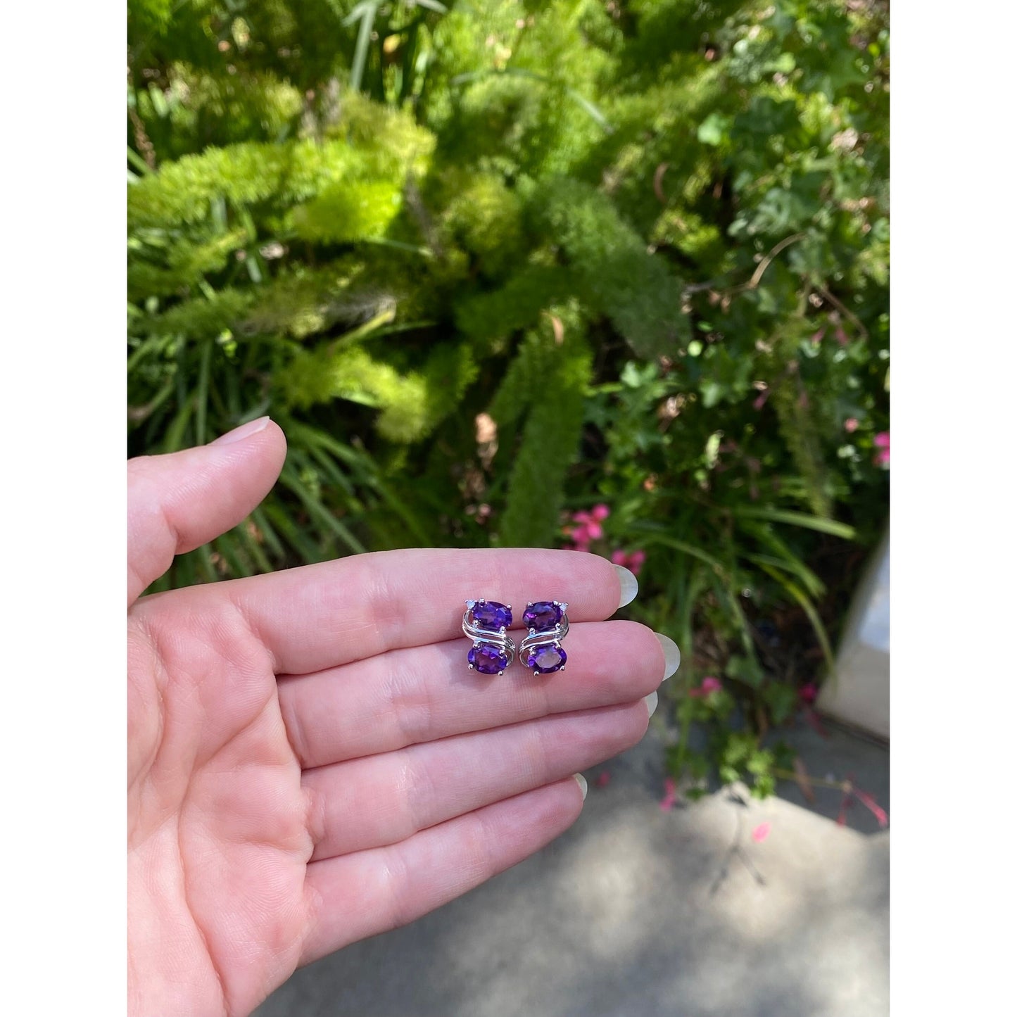 Vintage Solid 14k White Gold Amethyst & Clear Sapphire Stud Earrings