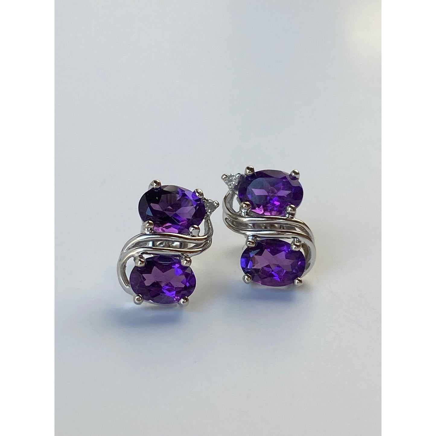 Vintage Solid 14k White Gold Amethyst & Clear Sapphire Stud Earrings