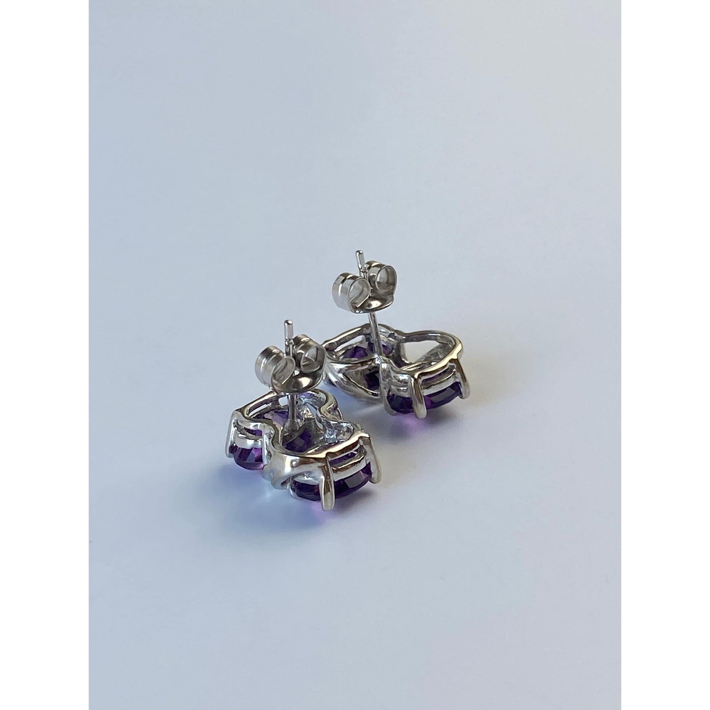 Vintage Solid 14k White Gold Amethyst & Clear Sapphire Stud Earrings