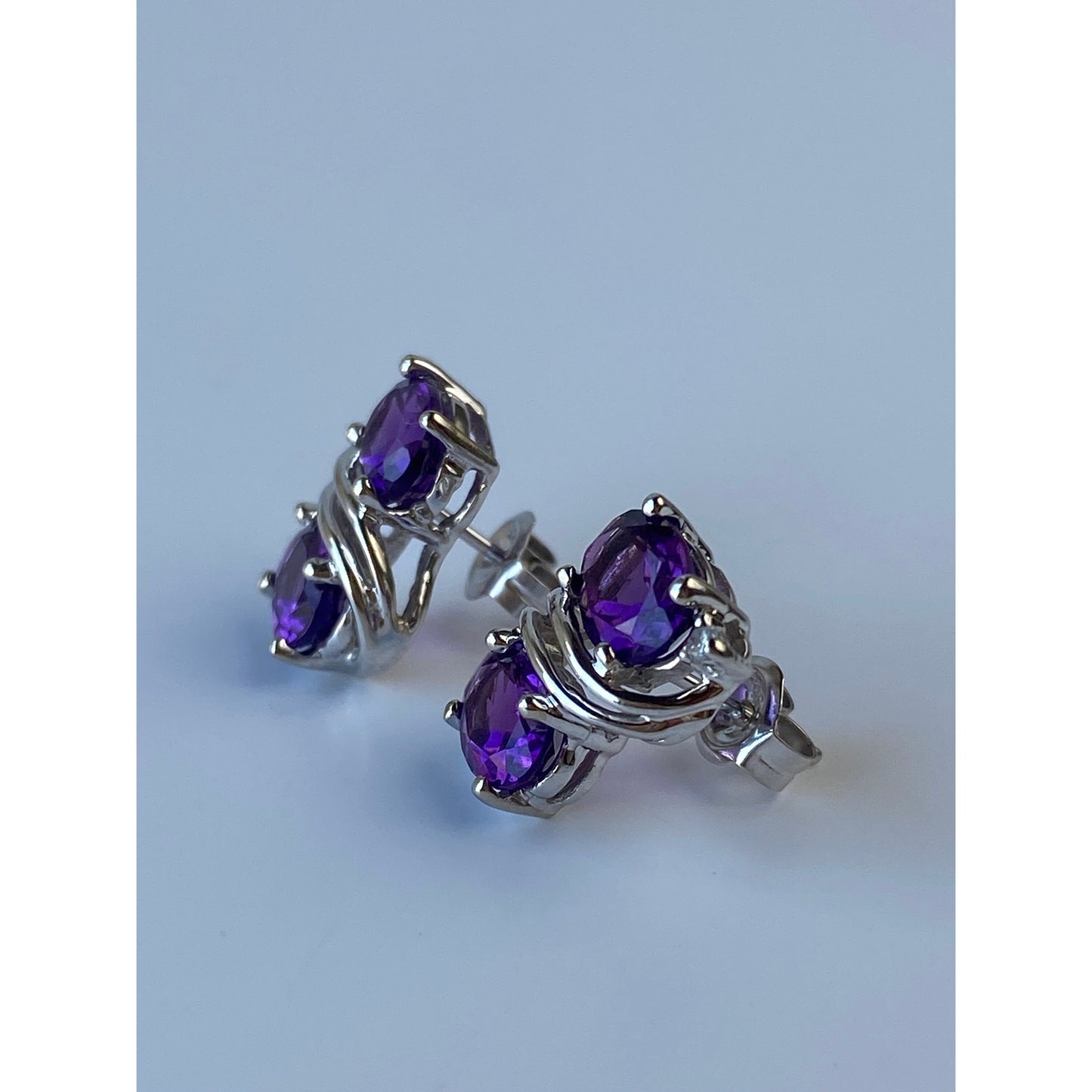 Vintage Solid 14k White Gold Amethyst & Clear Sapphire Stud Earrings