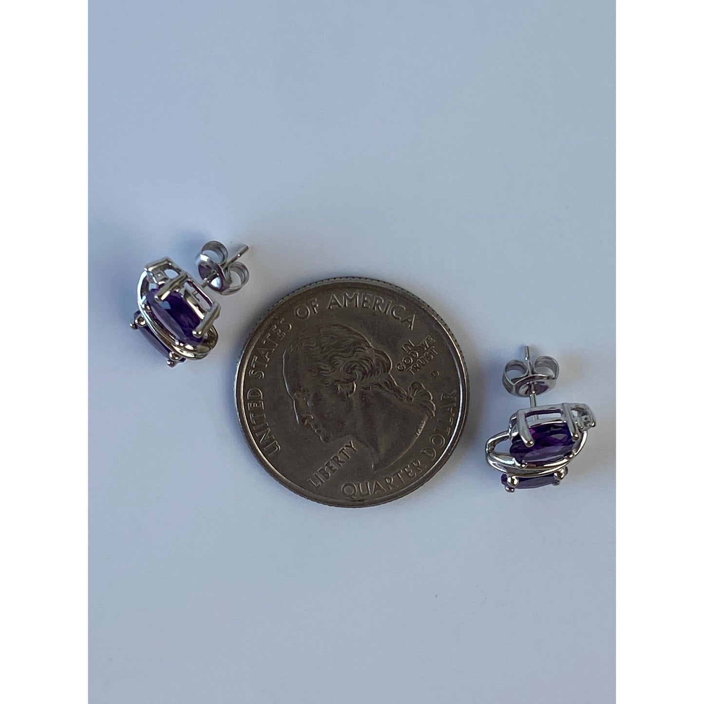 Vintage Solid 14k White Gold Amethyst & Clear Sapphire Stud Earrings