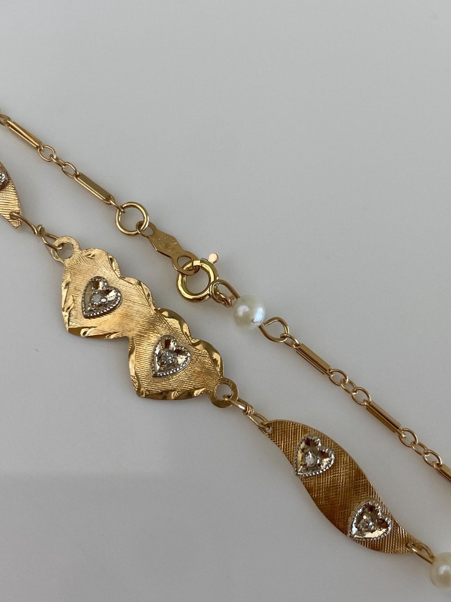 Vintage Solid 14k Yellow Gold Diamond Pearls Hearts Link Chain Bracelet - 7 inches