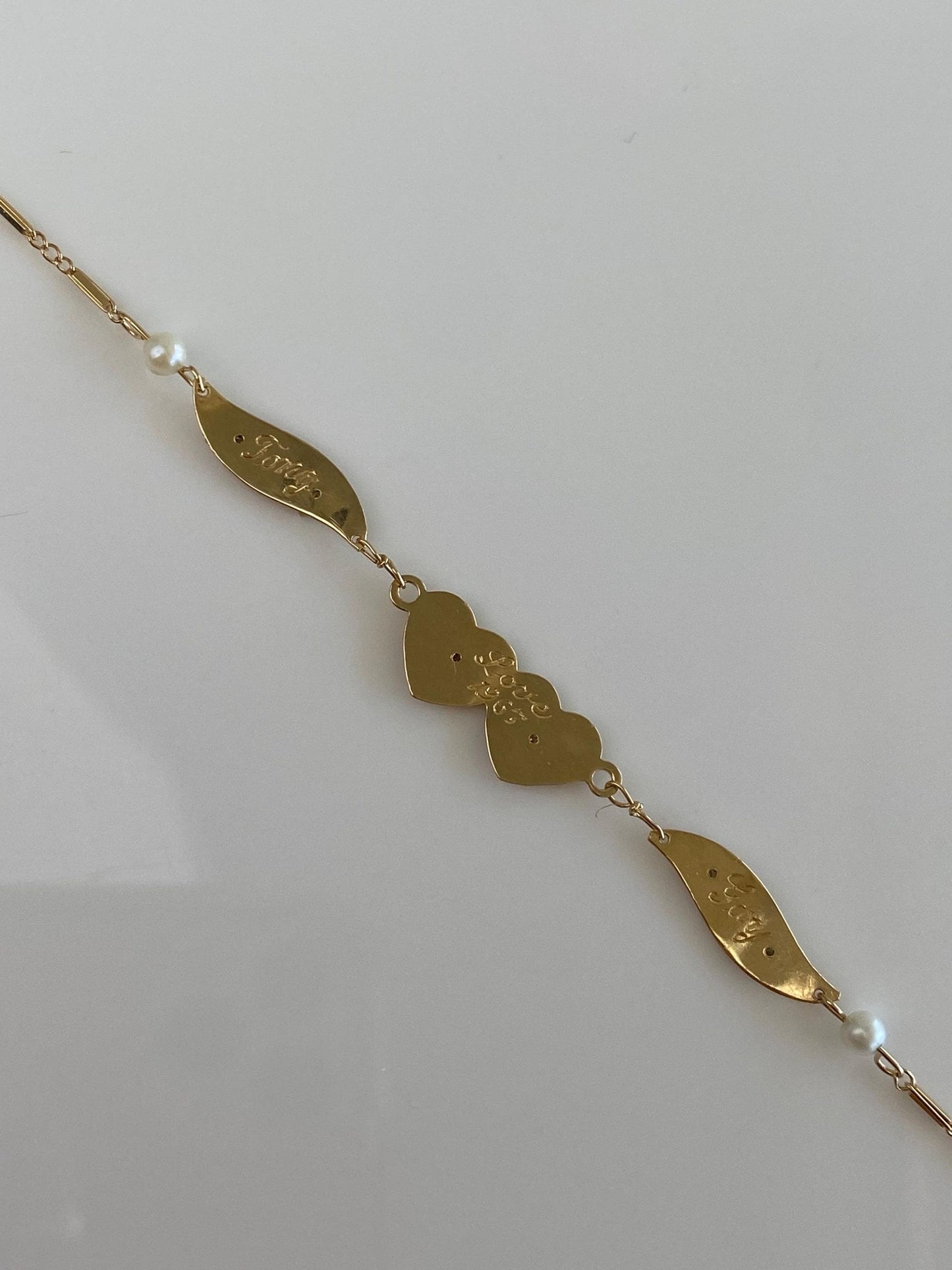 Vintage Solid 14k Yellow Gold Diamond Pearls Hearts Link Chain Bracelet - 7 inches