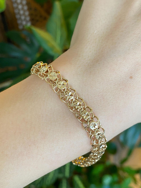 Vintage Solid 14k Yellow Gold Diamond Cut Stars Charm Bracelet - 7.5 inches