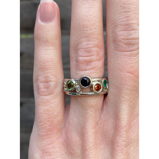 Solid 14k White Gold Diamond Peridot Sapphire Emerald Tanzanite Spinel Ring Band - Size 5.75