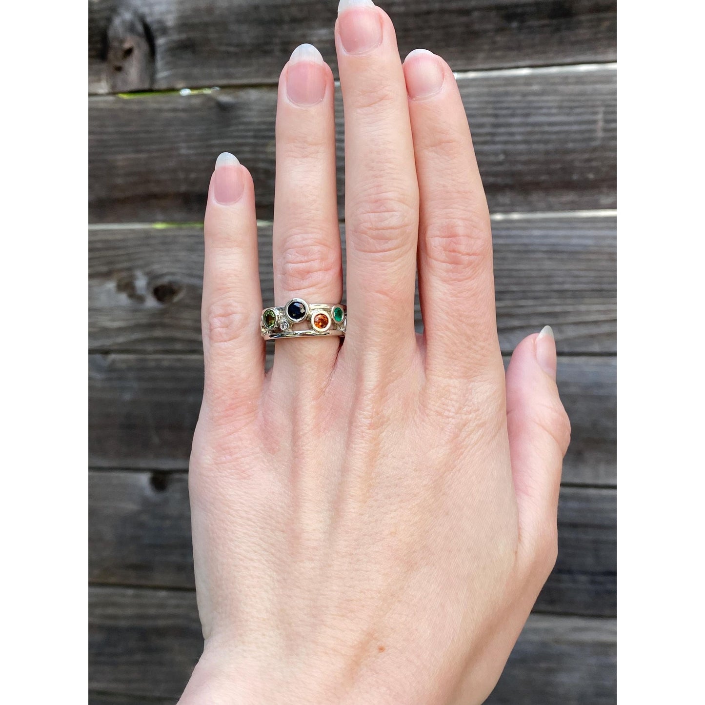 Solid 14k White Gold Diamond Peridot Sapphire Emerald Tanzanite Spinel Ring Band - Size 5.75