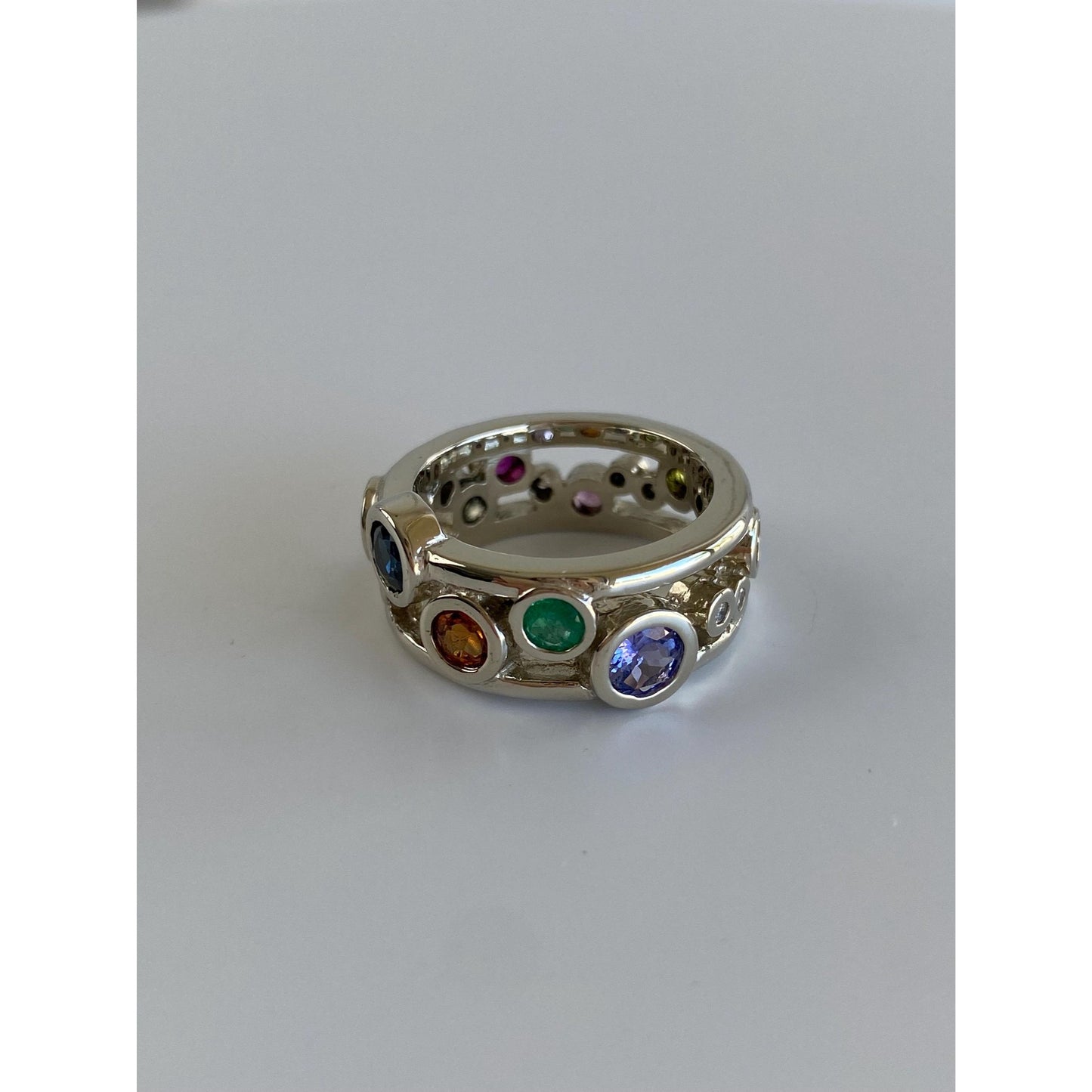 Solid 14k White Gold Diamond Peridot Sapphire Emerald Tanzanite Spinel Ring Band - Size 5.75