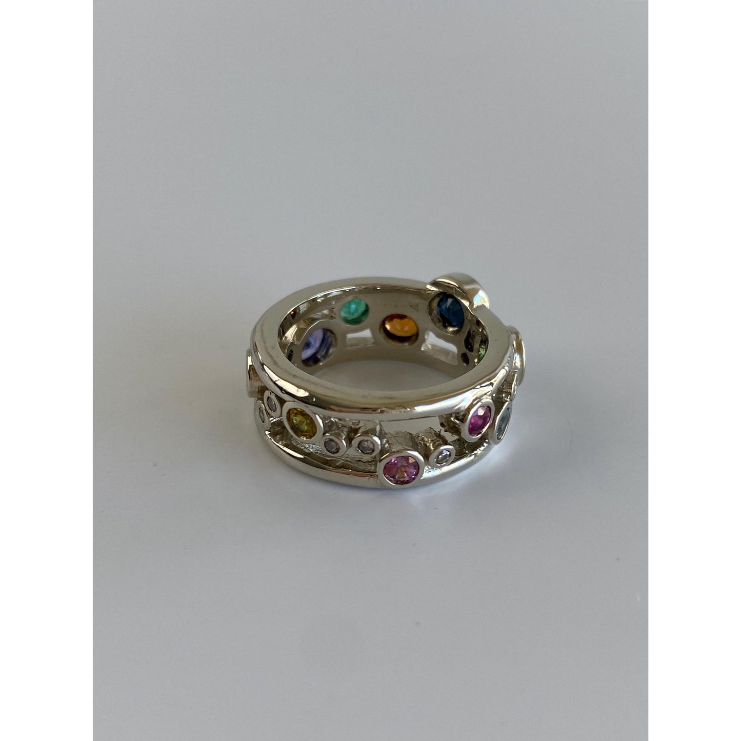 Solid 14k White Gold Diamond Peridot Sapphire Emerald Tanzanite Spinel Ring Band - Size 5.75