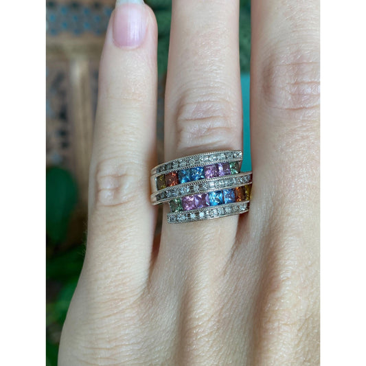 Vintage Solid 14k White Gold Diamond Colored Spinel & Topaz Ring Band - Size 4.75