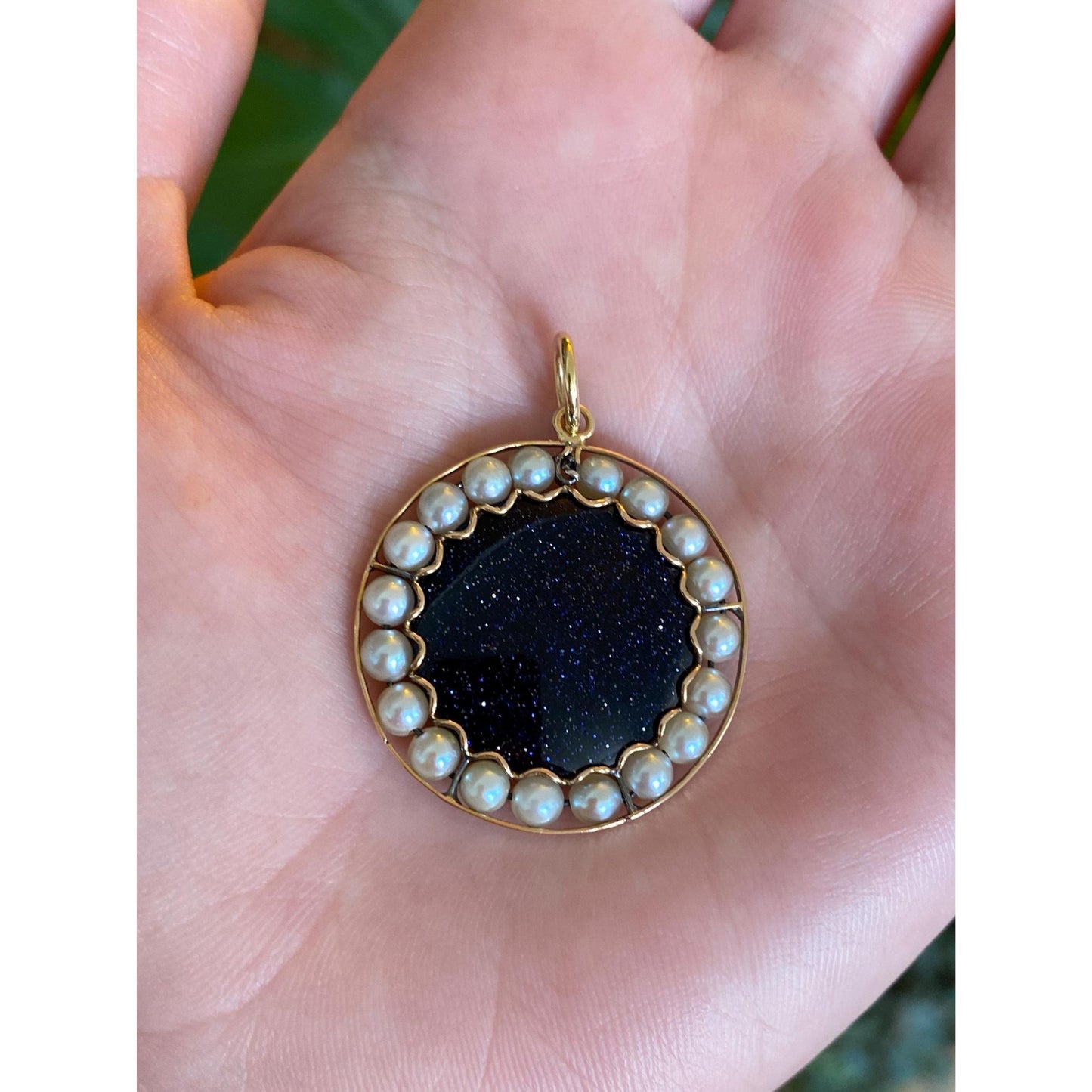 Vintage Solid 14k Yellow Gold Blue Sunstone Pearl Halo Charm