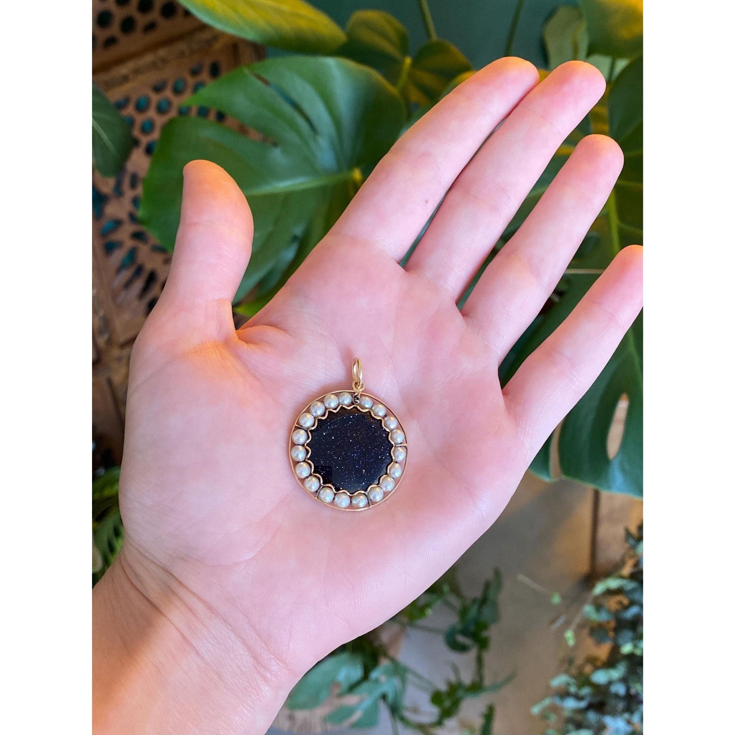 Vintage Solid 14k Yellow Gold Blue Sunstone Pearl Halo Charm